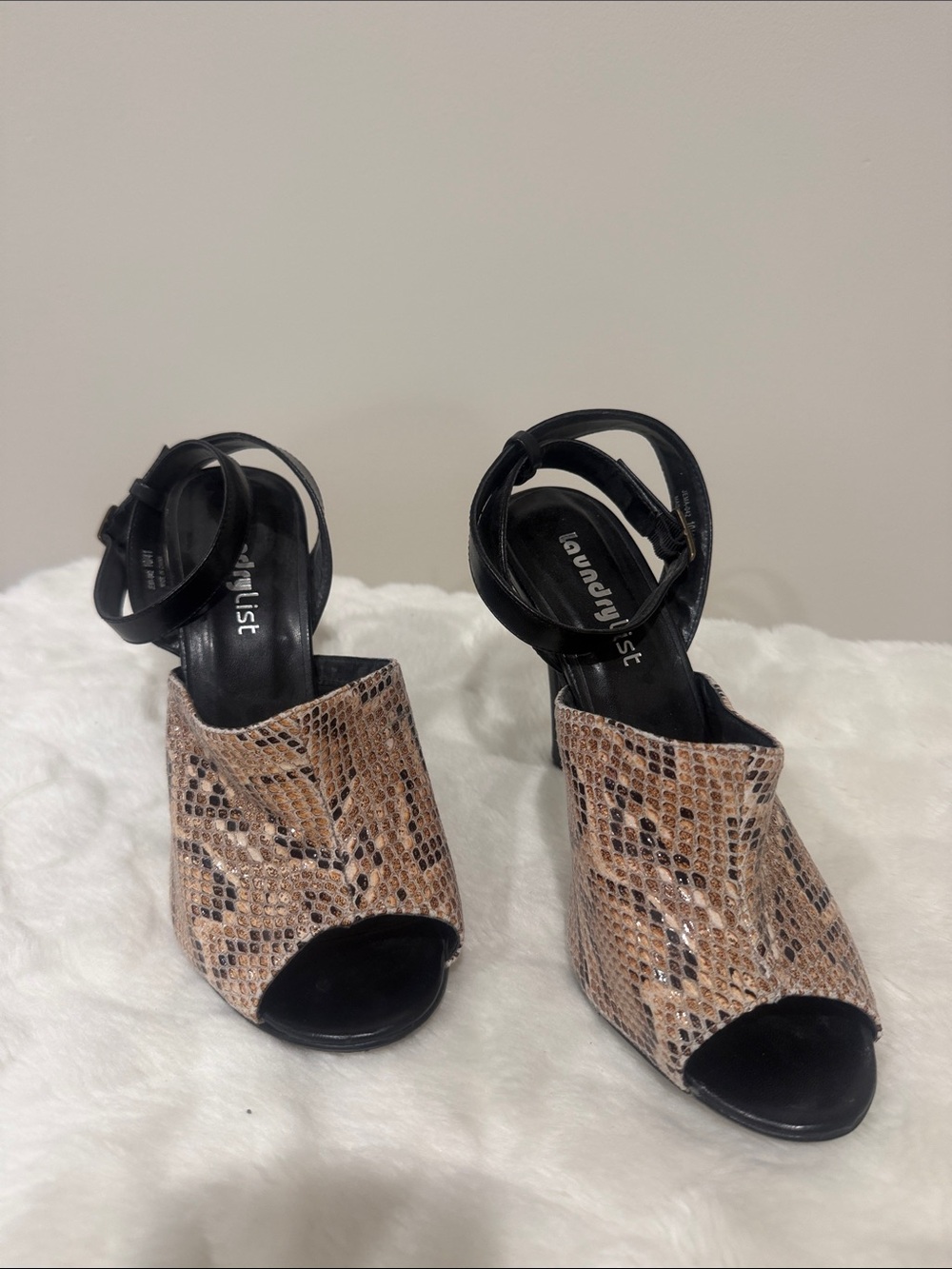 Laundry List Black and Brown Snake-Print Peep-Toe Ankle Strap Heels